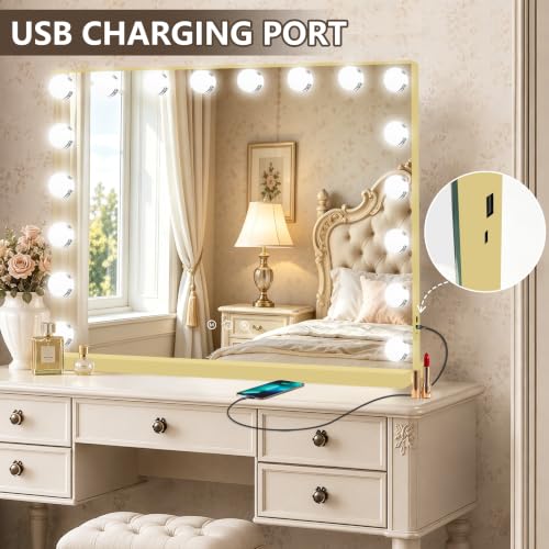 Gold Hollywood Vanity Mirror with Lights (Gold / 32"L x 24"W)