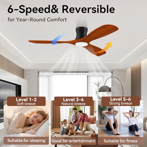 52Inch Wood Smart Flush Mount Ceiling Fans with Lights Remote (Wood& Black)