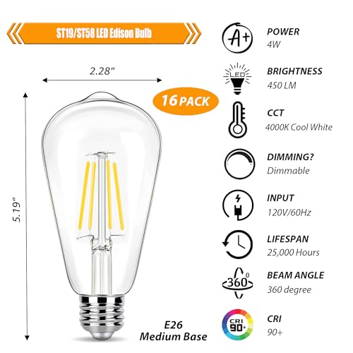16 Pack Dimmable LED Edison Bulbs 40W Equivalent (4000k-cool White / 16 Count (Pack of 1))