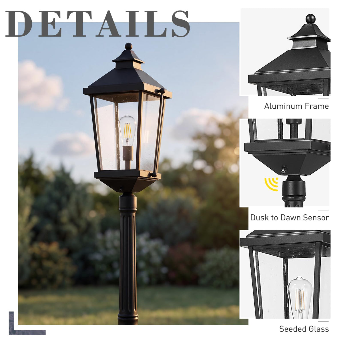 Large Dusk to Dawn Post Light with GFCI Outlet (Black - Seeded Glass / 100 Inch - Dusk to Dawn+GFCI)