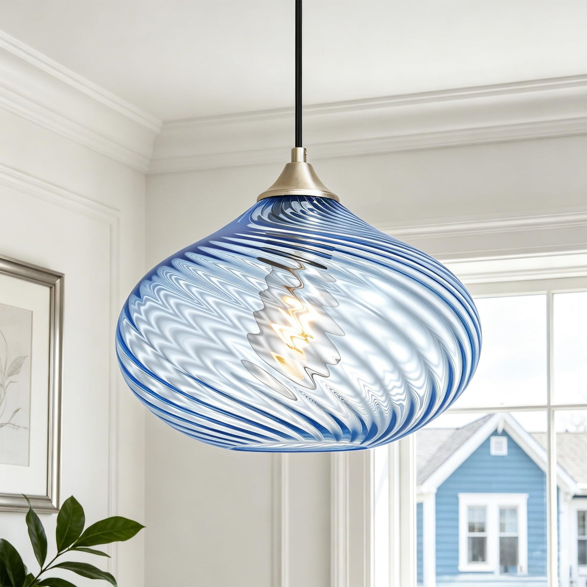 11in Brushed Nickel Pendant Lights Kitchen Island with Blue Glass Shade 1PC (Nickel-Striped Blue Glass)