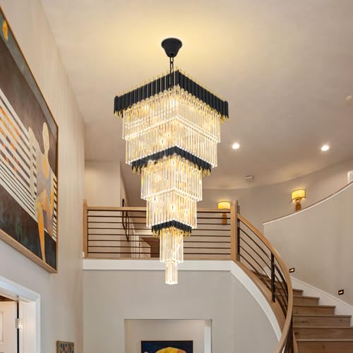 Modern Black and Gold Crystal Chandelier Large Foyer Chandelier for High Ceiling Long Entryway Chandeliers Adjustable Chain for Hall Living Room Entrance Staircase W24 x H80 17 Lights (D24"XH80" Black)