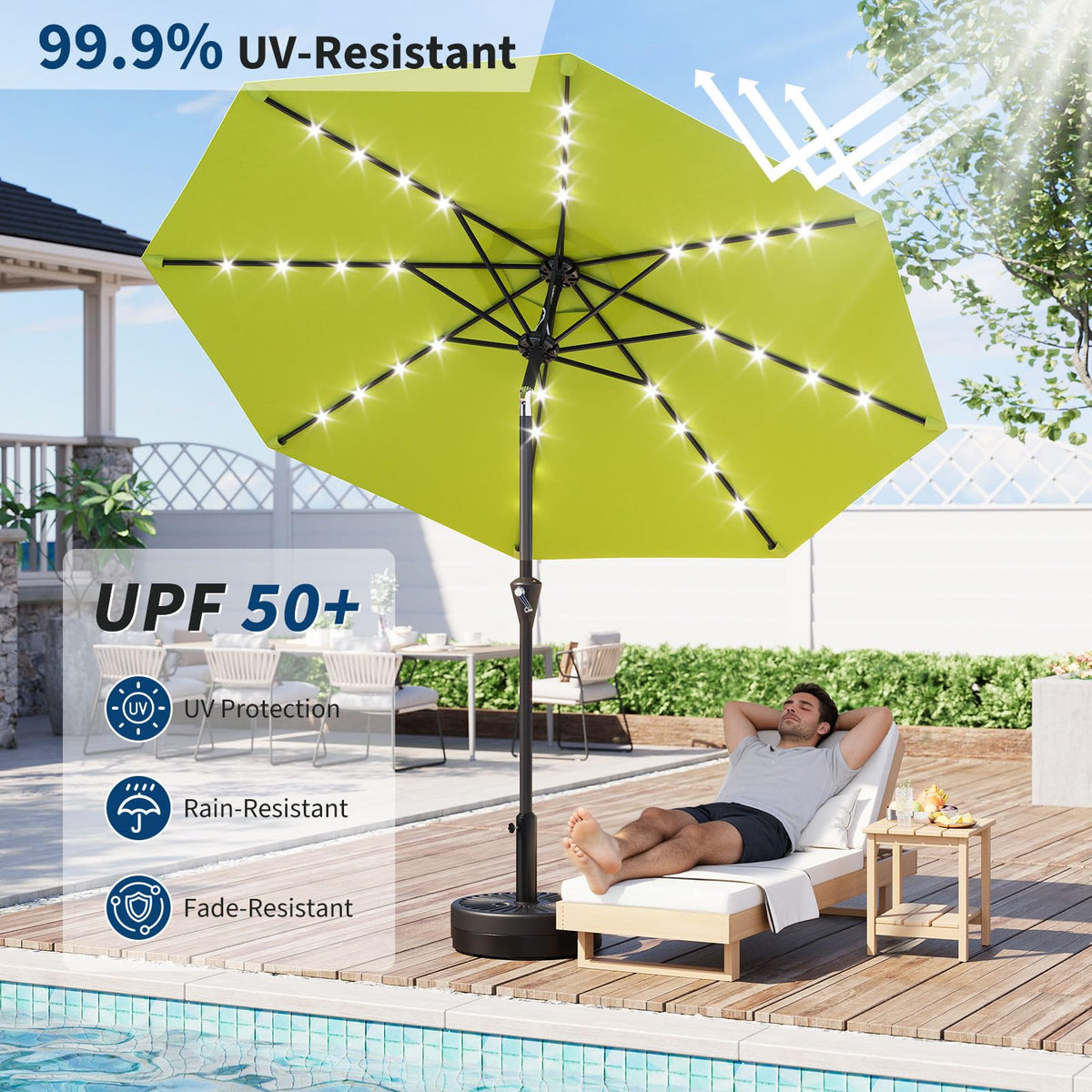 9FT Solar Patio Umbrella Outdoor Umbrella with 32 LED Lights (Apple Green / 9ft With Lights)
