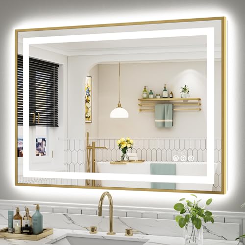 48x36 Inch LED Bathroom Mirror with Gold Frame (Backlit+front Lit With Gold Frame / 48"L x 36"W)