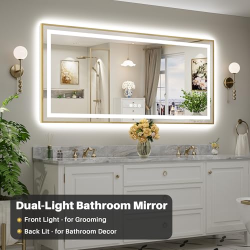 77x36 Inch LED Bathroom Mirror with Gold Frame (Backlit+front Lit With Gold Frame / 77"L x 36"W)
