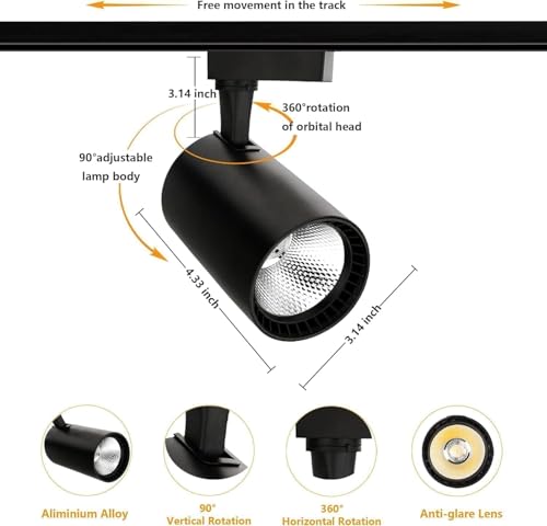 Plug in J&L Type LED Track Lighting Kits Dimmable Adjustable Angle Heads (Black)