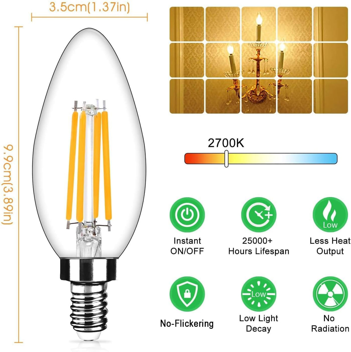 6 Pack Dimmable E12 LED Candelabra Bulbs 40Watt Equivalent (Warm White / 6 Count (Pack of 1))