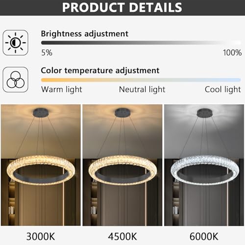 24" Ring Modern LED Dimmable Crystal Chandelier Adjustable Height Pendant Light Round Crystal Chandelier Light Fixtures for Dining Room Living Room Kitchen Island Black (Black / 1 Ring Round 24")