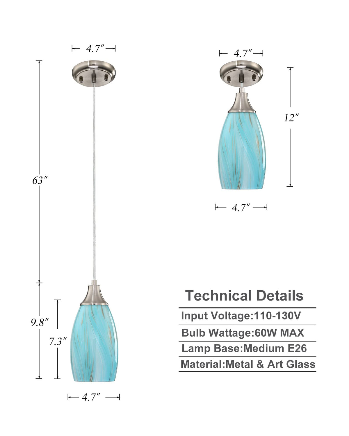 Mini Art Glass Pendant Lights Kitchen Island (Teal(Aqua)with Gold-3Packs)