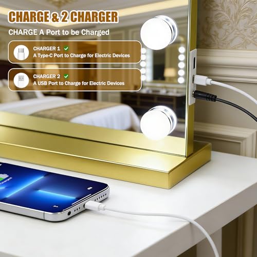 Vanity Mirror with Lights (Gold / 23"L x 18"W)