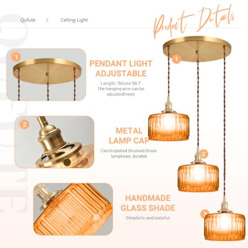 3 Lights Orange Glass Pendant Light 59" Adjustable Cord Hanging Lamp (Orange-3L)