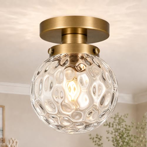 Small Semi Flush Mount Ceiling Light Fixtures (Gold & Clear Harmmered Glass / 6in-1 light)