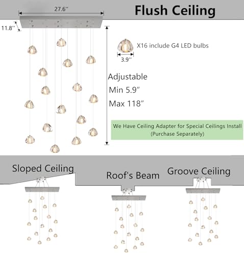 Brushed Nickel Rectangular Chandeliers for Living Dining Room Light Dimmable High Ceiling Pendant Lights Fixtures Lighting Chandelier for Foyer Entryway Lighting (Brushed Nickel / 16 lights)