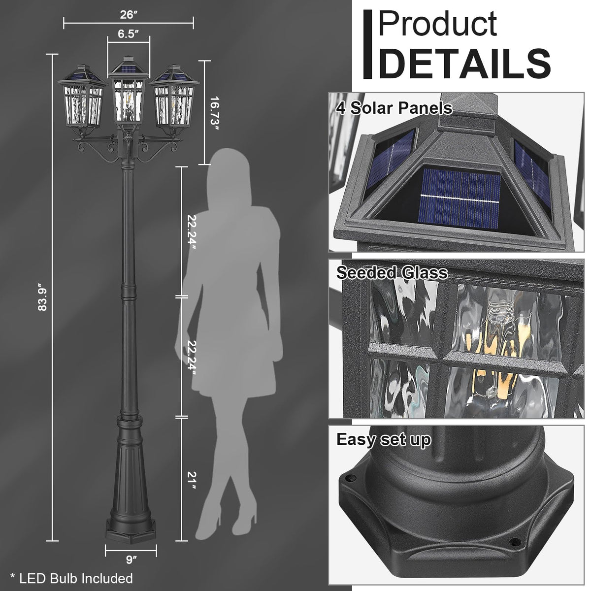 Solar Outdoor Lamp Post with 3 (Black / 3-Head-1Pack-Dusk to Dawn)