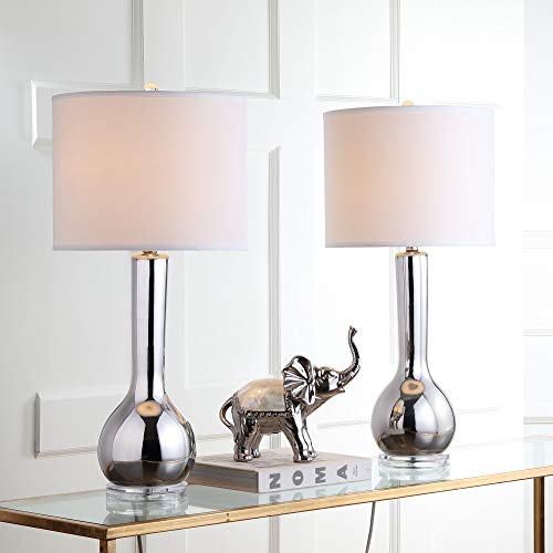 Lighting Collection Mae Long Neck Ceramic Silver and White Table Lamp (Silver - Set of 2)