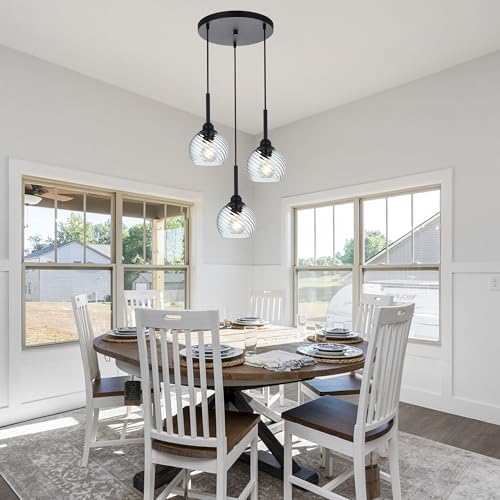 3 Light Black Cluster Pendant Light with Striped Swirl Globe Glass Pendant Lighting for Kitchen Island (Transparent / 3-Light-Round Cluster)