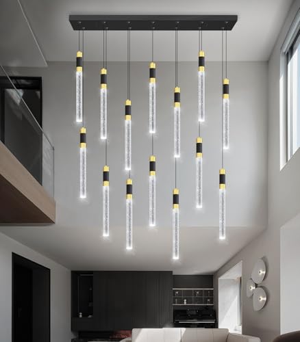 14 Lights Modern Rectangular Chandeliers for Living Room LED Dimmbale Light Fixture for High Ceiling Pendants Lighting for Dining Room (14 lights Rectangular)