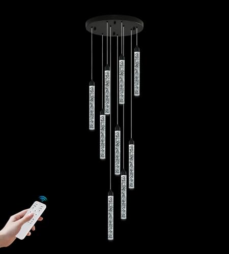 High Ceiling Crystal Staircase Chandelier Pendant Lights Modern Spiral Raindrop Dimmable LED Bubble Cluster Ceiling Hanging Lighting Fixture for Foyer Living Room Remote Control
