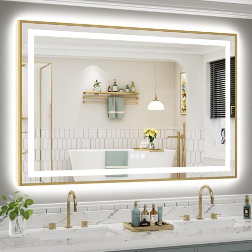60x40 Inch LED Bathroom Mirror with Gold Frame (Backlit+front Lit With Gold Frame / 60"L x 40"W)