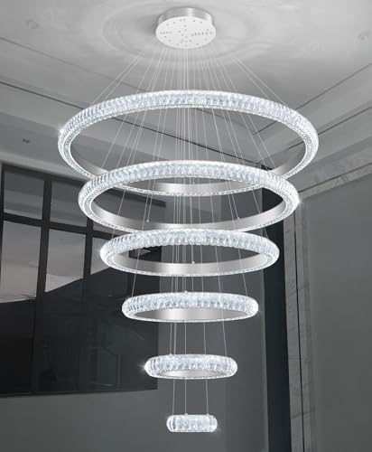 47" 6 Ring Crystal Chandelier Modern LED Dimmable Ring Pendant Light Chandelier for Dining Room Living Room Silver (Silver / 6 Ring Round 47")