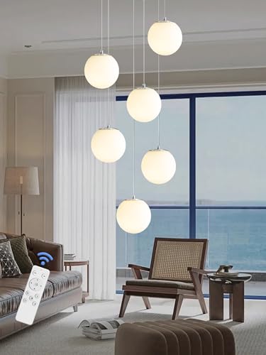 6 Light Silver Chandelier with White Globe Glass Dimmable Ceiling Light Glass Pendant Light for Kitchen Island (Silver-White / Globe 6-Light)