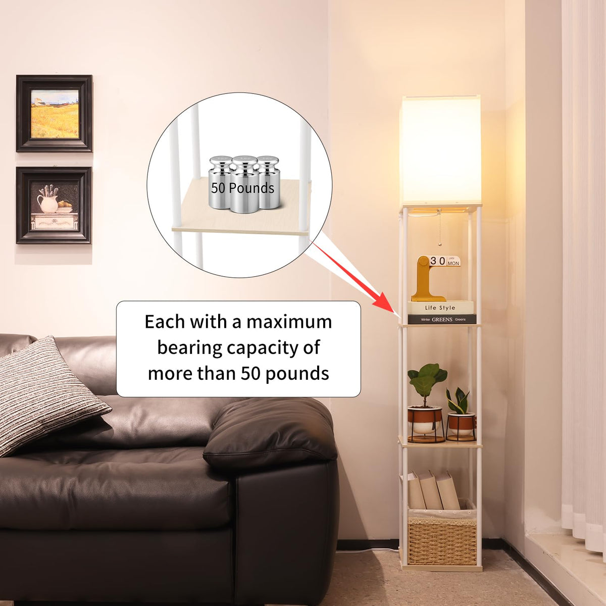 Floor Lamp with Shelves (Beige+White-1 Pack)