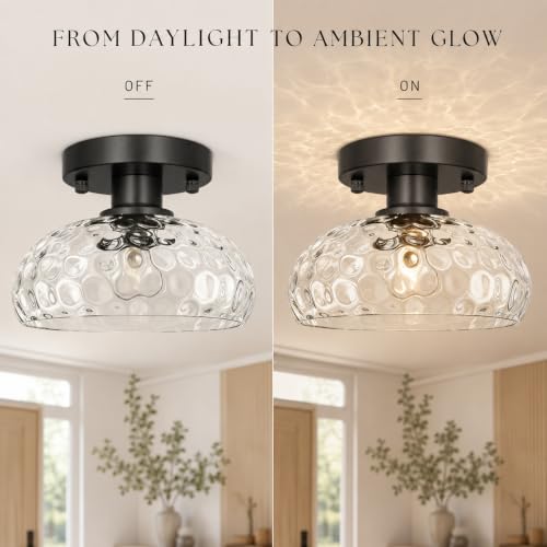 Elegant Black Semi Flush Mount Ceiling Light (Black & Hammered Glass / 8in)