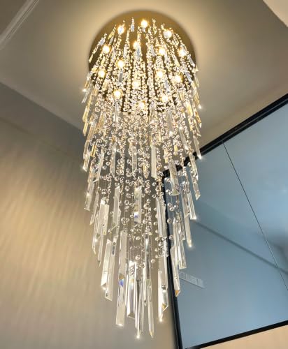 D40'' x H120'' Crystal Chandelier High Ceiling Chandeliers for Entryway Large Raindrop Chandeliers LED Dimmable Flush Mount Light Fixtures for Staircaes Foyer Hallway Living Room Bulbs Included Gold (D40'' x H120'' Gold)