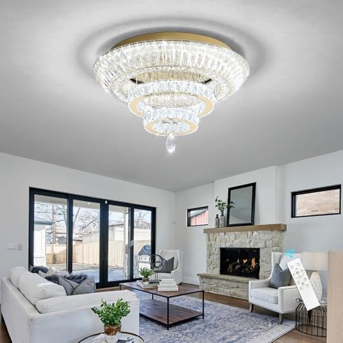 Gold Crystal Chandelier for Dining Room Modern Ceiling Light Fixture 45W Dimmable LED Chandeliers for Living Room Bedroom (Gold / W24"-Ring)