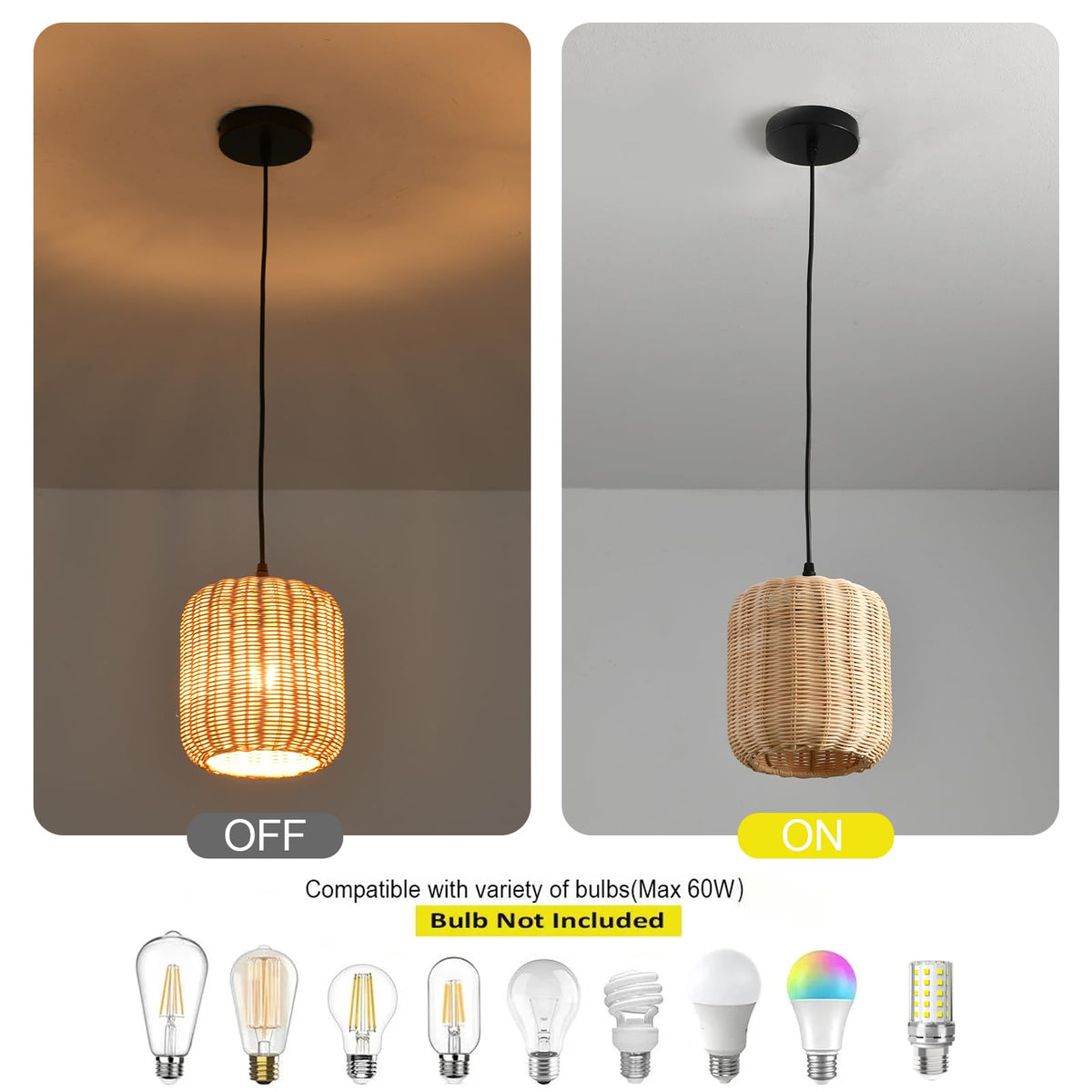 3 Pack Rattan Pendant Light (Black / 3-Pack 7.87 in)
