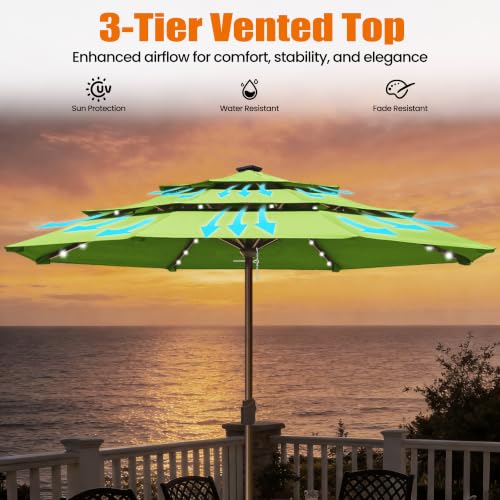 USA 10-Year-Non-Fading 10ft 3-Tier Market Patio Umbrella, Commercial Table Umbrella with 80 Solar LED Lights, Crank Open, Windproof & UPF 50+ UV Protection for Garden, Deck, Pool, Backyard, No Tilt, Macaw Green (Macaw Green / 10FT(Triple Vents No Tilt))