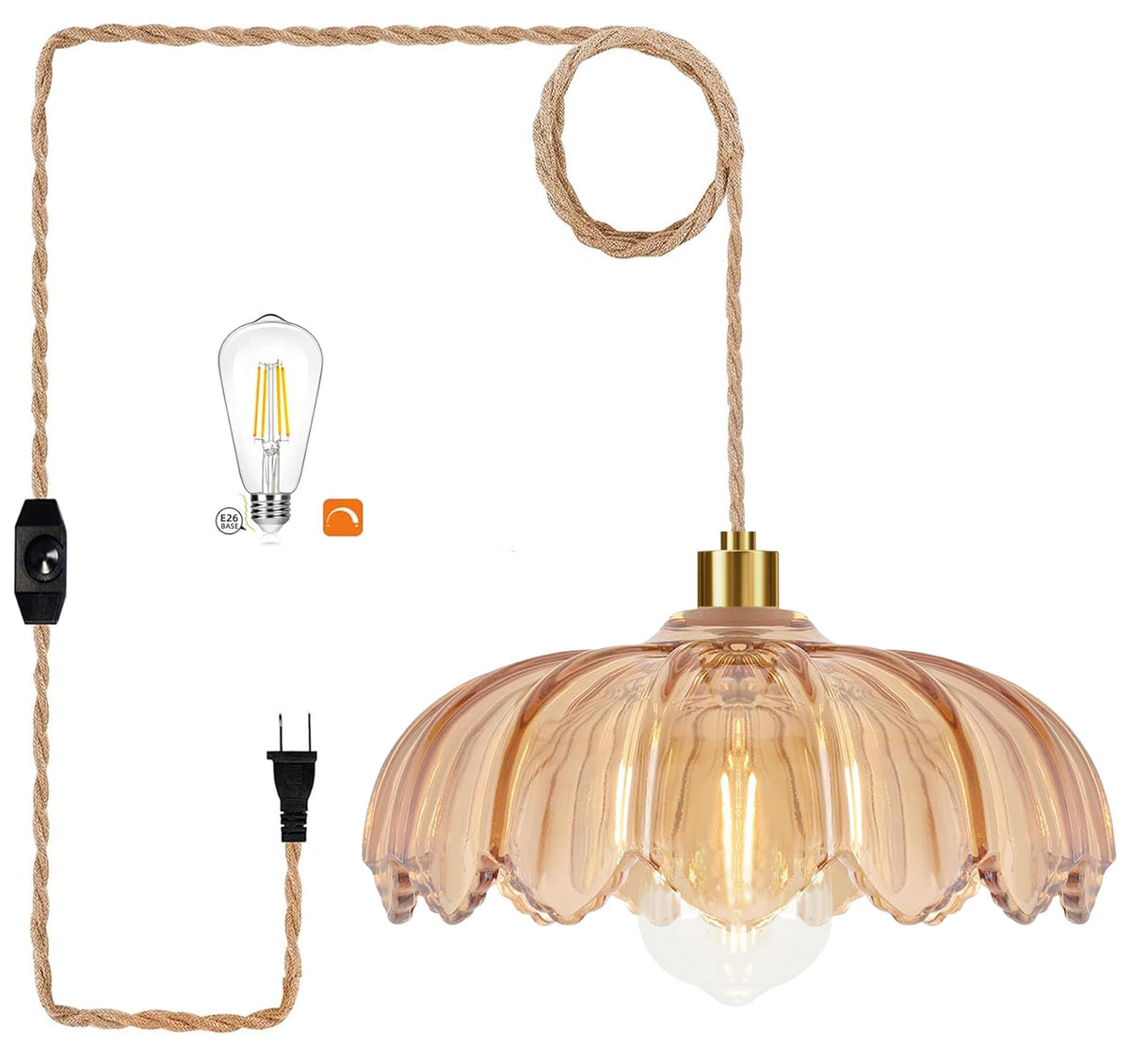 Plug in Pendant Light Hanging Lights with in Cord Mid Century Modern Gold Hanging Lamp Flower Glass Amber Vintage Dimmable Chandelier Ceiling Fixture for Living Room (Pendant Light-11)