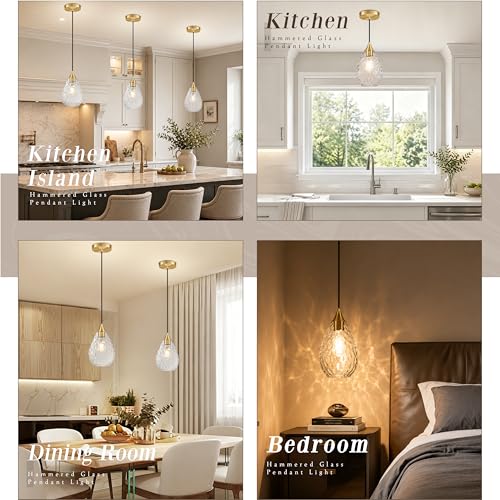 Gold Glass Pendant Lights Kitchen Island 6.3" Pendant Light Fixtures Hammered Clear Glass Height Adjustable Modern Hanging Pendant Lights for Dining Room Bedroom Hallway Sink Bulb Incl (Gold, 1 PK / 6.3 Inch)