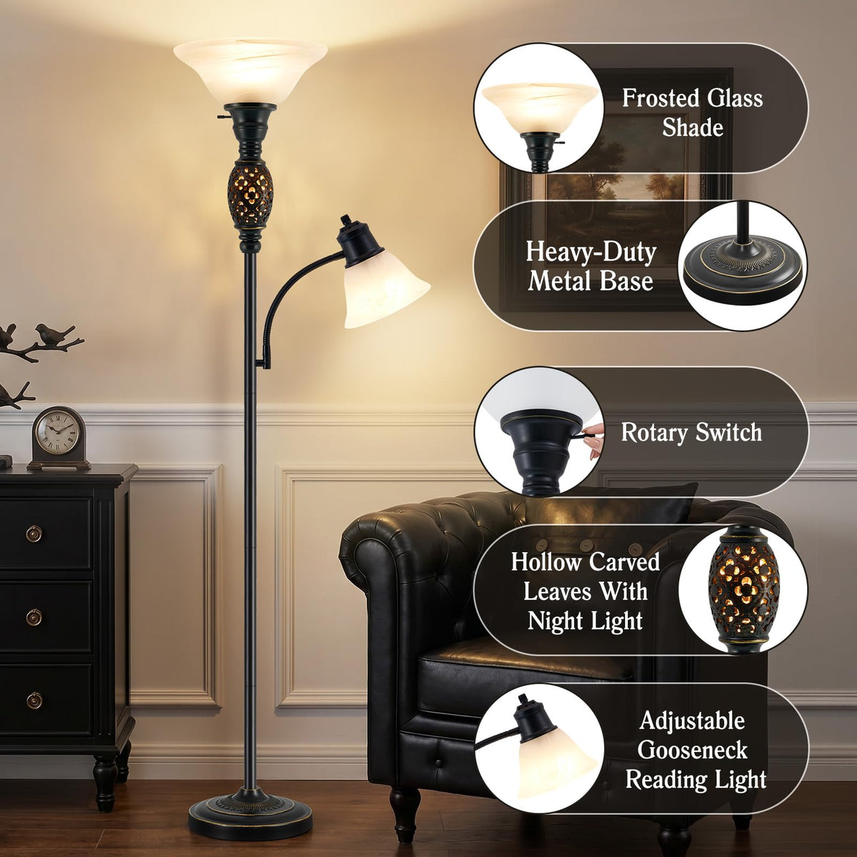 70" Floor Lamp with Night Light (Black 2)