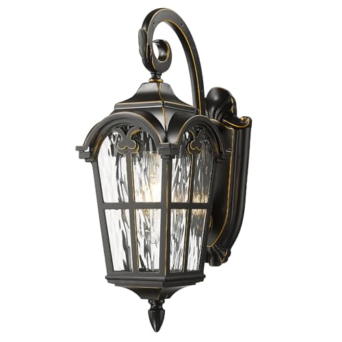 Vintage Outdoor Lighting Fixture Wall Sconces with Water Ripple Glass (Black & Gold Edges - Water Ripple Glass / 17.5 Inch - No Function)