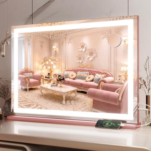 32"x22" Large Pink Vanity Mirror with Lights (White / 22"L x 32"W)