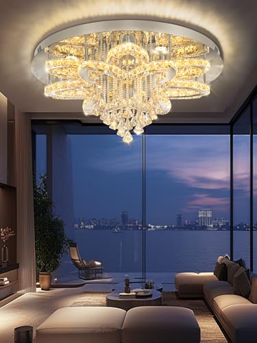 Modern Crystal Chandelier Crystal Flush Mount LED Ceiling Light Fixture for Living Room Foyer Dining Room Hallway Dimmable 2700k 4500k 6000k