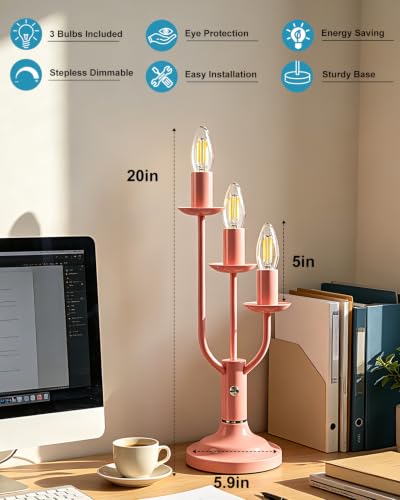 Pink Candelabra Table Lamp Dimmable Warmwhite 3 Bulbs Included (04-Pink 3-Light Candelabra)