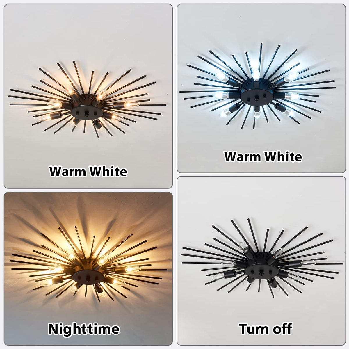 Semi Flush Mount 8 Light Ceiling Light Modern Metal Ceiling Lighting Black Light Fixture for Farmhouse Kitchen Dining Room Bedroom Hallway Living Room (Black)