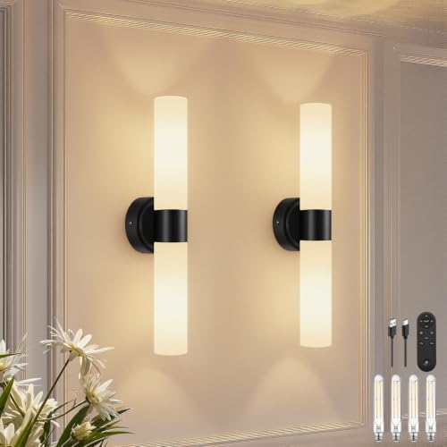 Rechargeable Wall Sconces Set of Two (Matte Black & Milky White Glass / Battery-22 Inch-2PC)