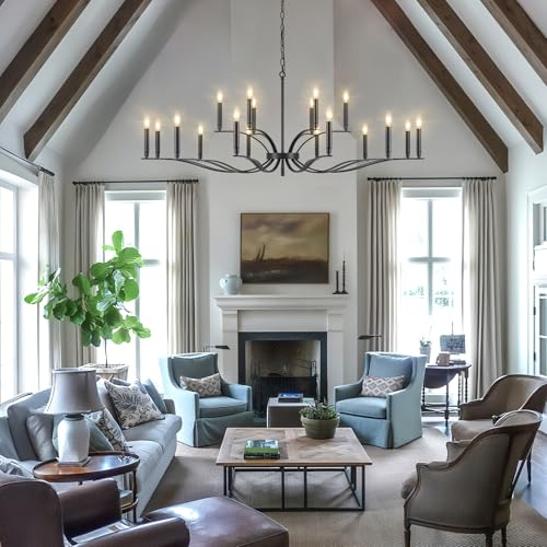 Black Living Room Chandelier 18 Light High Ceiling Foyer Candle Chandelier Large Dining Room Light Fixture Over Table 59in Metal Modern Chandeliers Hanging Light for Entry Master Bedroom (Black / 59 inch)