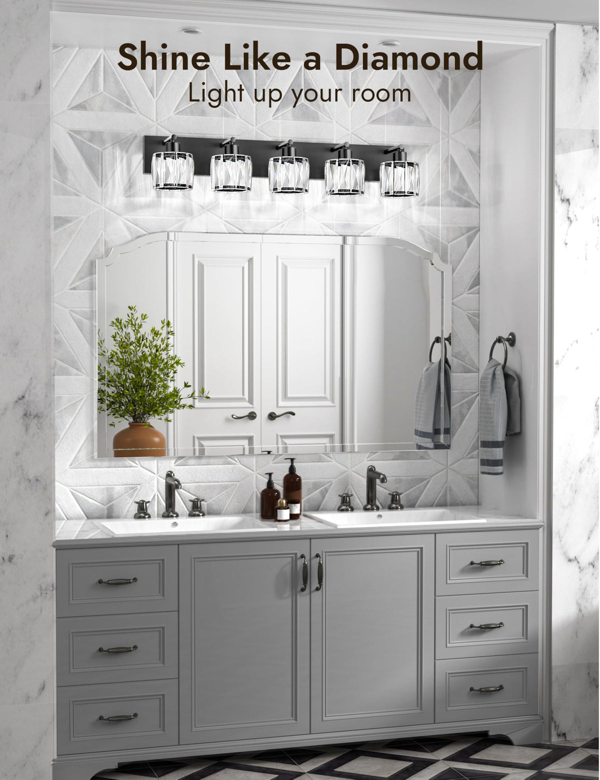 5 Light Crystal Bathroom Vanity Light Fixtures (Black-Round / 5 Light)