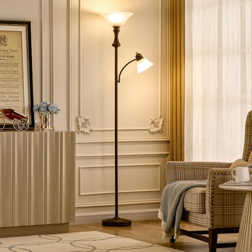 Torchiere Brown Floor Lamp with Adjustable Angle Reading Lamp (Red Brown)