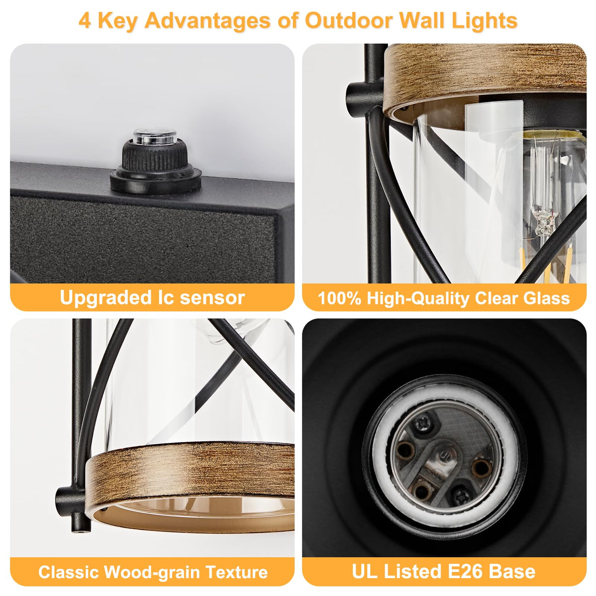 Dusk to Dawn Outdoor Wall Lights Fixtures (Wood Grain / 12.8''(2-Pack))