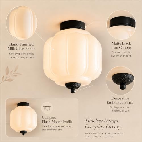 Vintage Pumpkin Milk Glass Semi Flush Mount Ceiling Light for Hallway (Black / 9.8in)