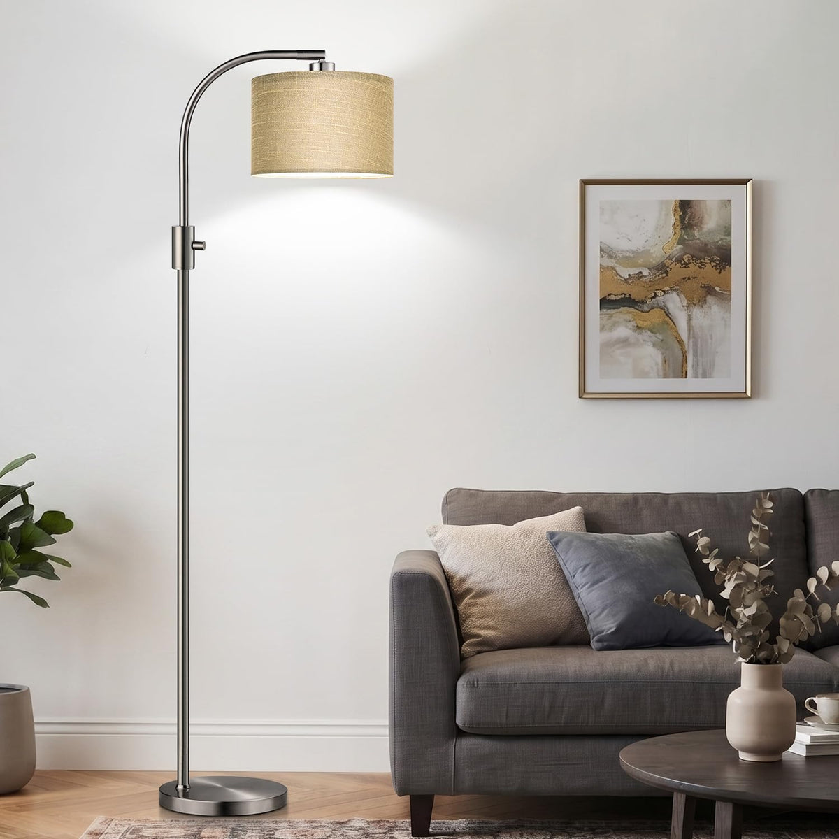 Dimmable Sliver Floor Lamp (Brushed Nickel-Champagne Linen Shade)