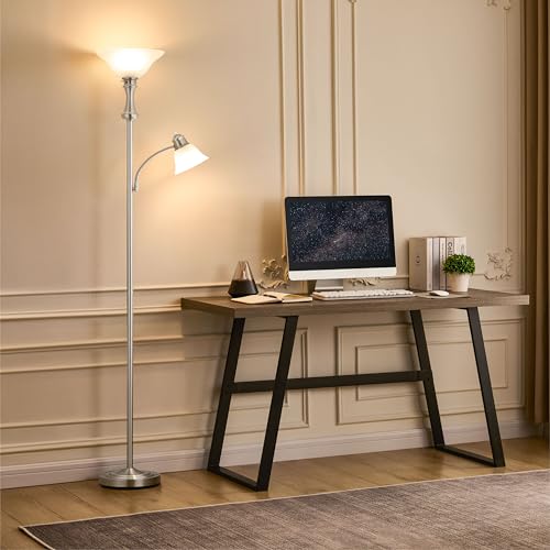 Torchiere Silver Floor Lamp with Adjustable Angle Reading Lamp (Silver)