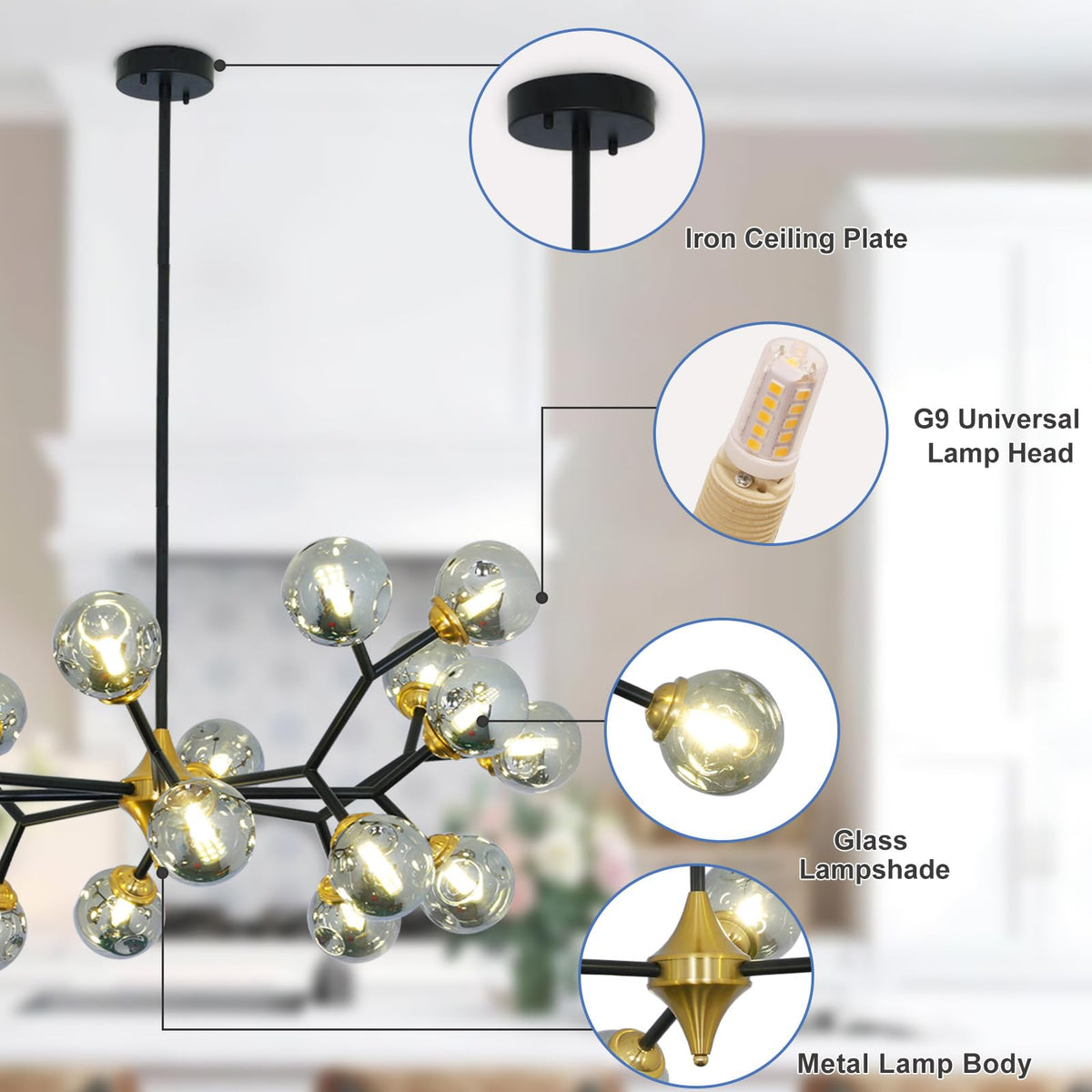 Glass Globe Sputnik Chandelier (Black+Gold 42.51"(20-Light))