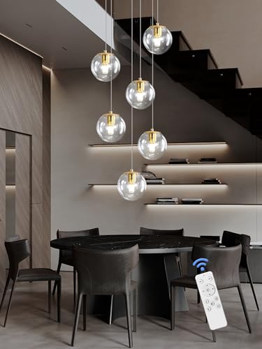 6 Light LED Staircase Modern Glass Globe Pendant Light Gold Chandeliers Large Chandeliers for High Ceilings (Gold-Clear / Globe 6-Light)