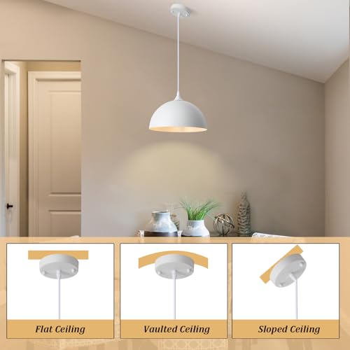 3 Pack White Pendant Lights Kitchen Island 11.8" Modern Dome Pendant Light Fixtures Farmhouse Industrial Vintage Hanging Ceiling Light Fixture for Dining Room Foyer Hallway Bar Cafe Kitchen (White / 11.8 inch (3PCS))